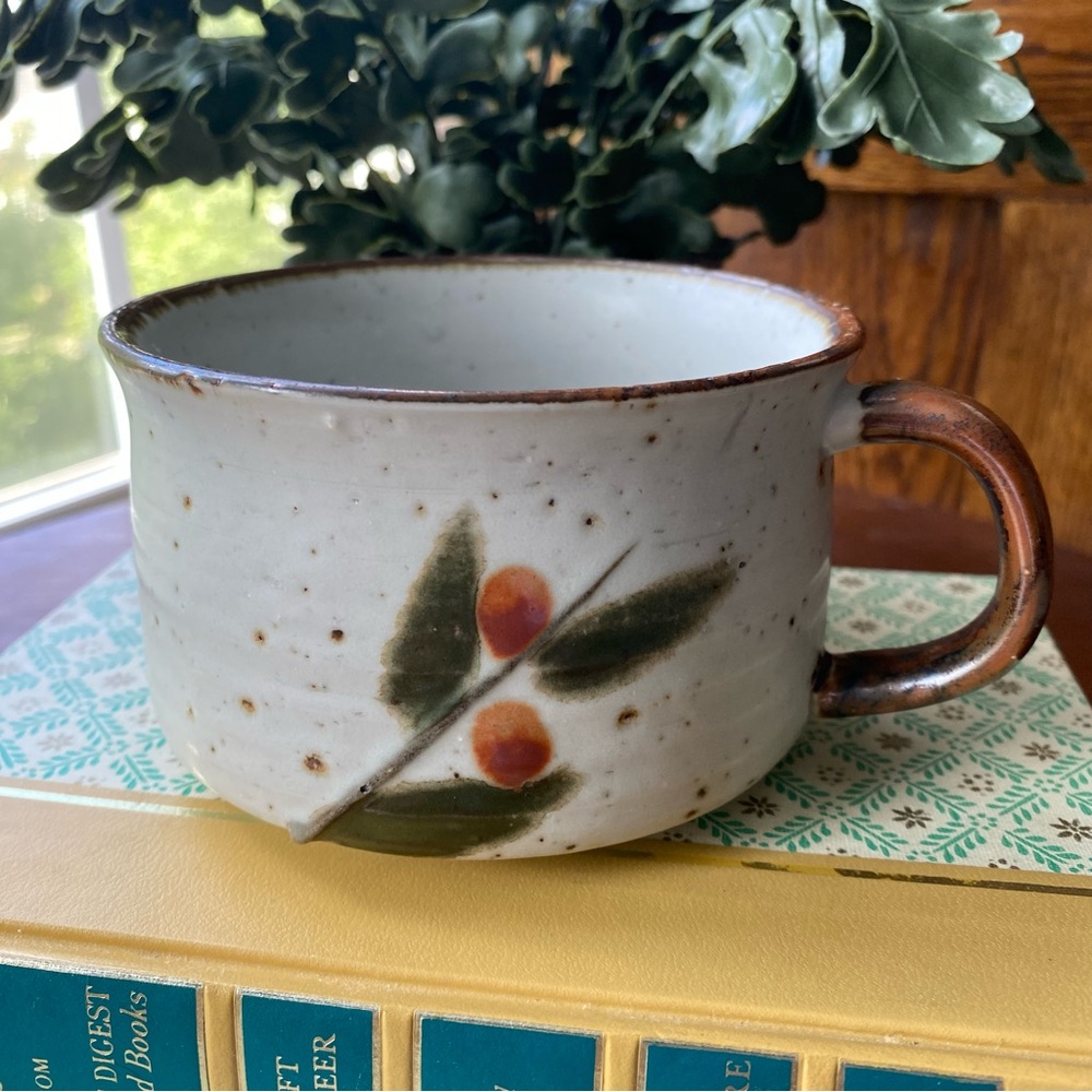Vintage Otagiri, Japan Ceramic Soup Bowl with Handle & Leaf/Berry Design EUC